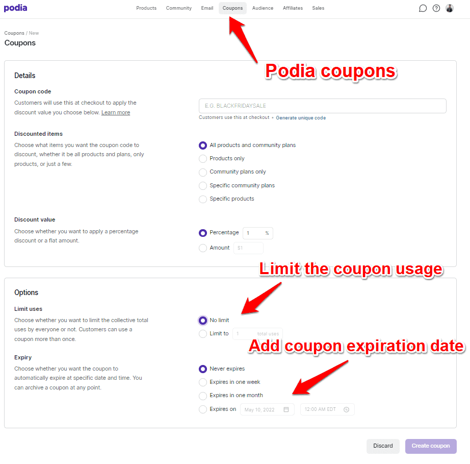 creating coupons in podia