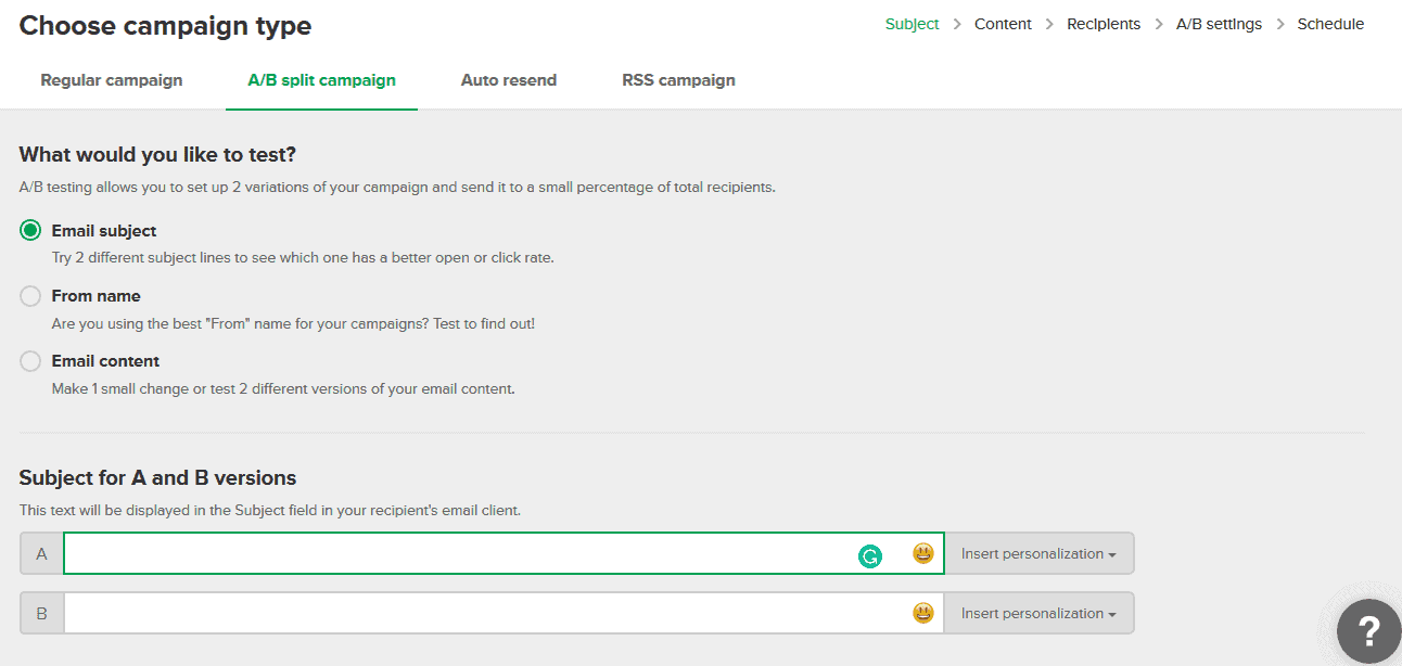 MailerLite split testing