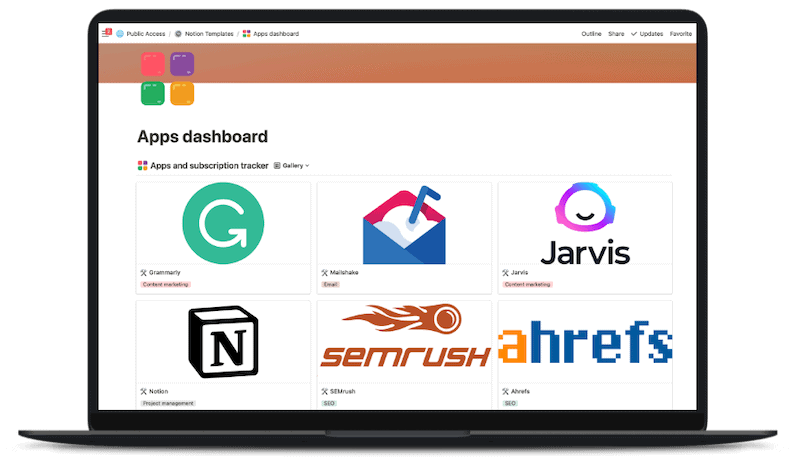Apps dashboard notion template
