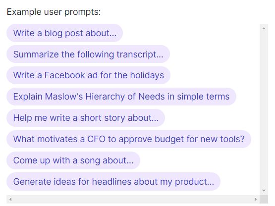 Jasper Chat user prompts