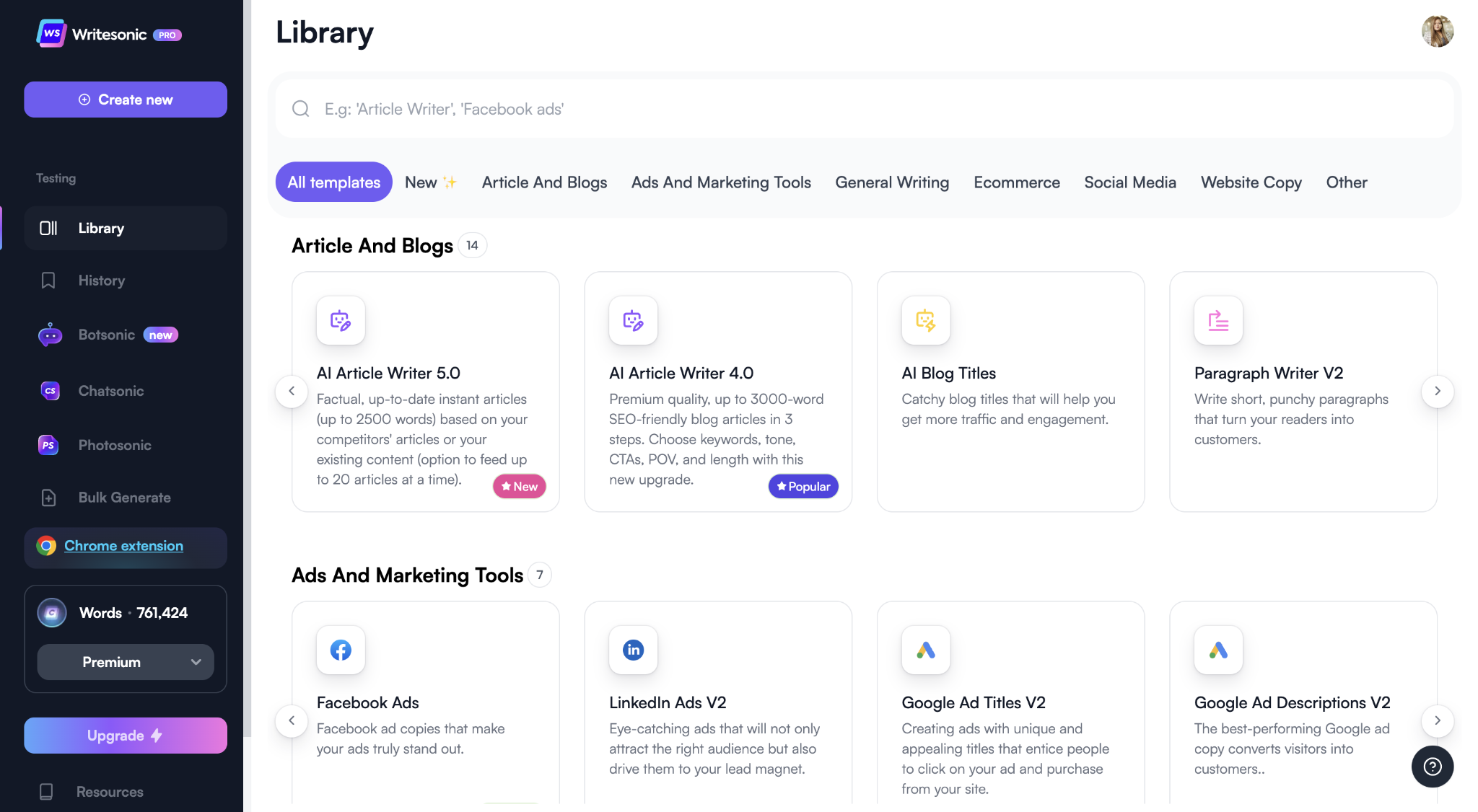 Writesonic library
