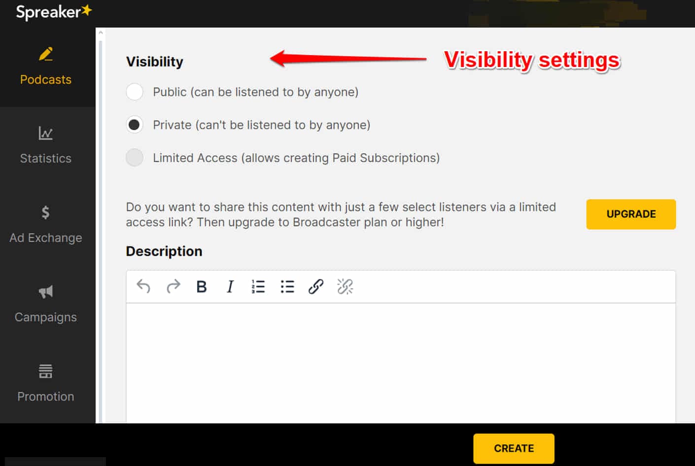 visibility settings in spreaker 1