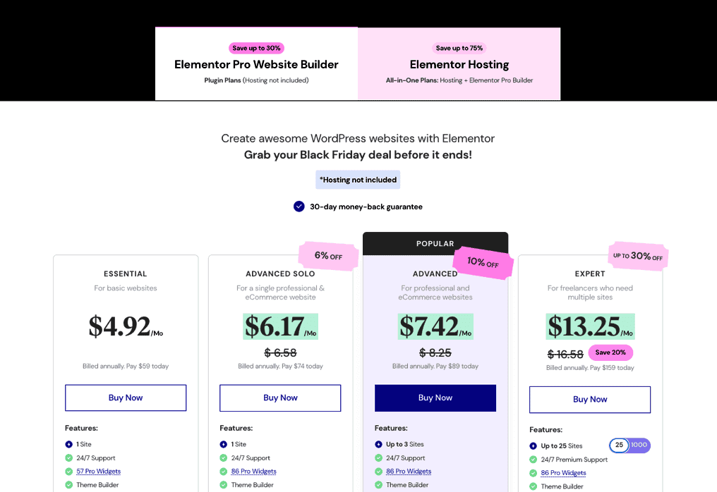 Elementor Pro pricing plans