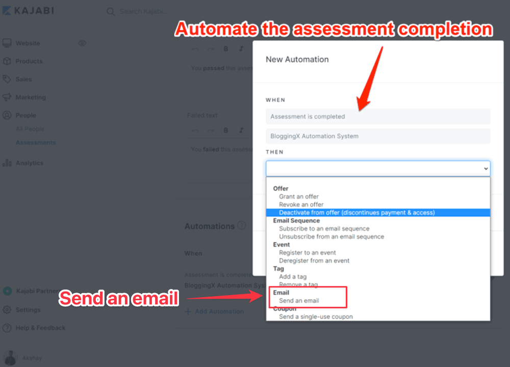 Automate assessment in Kajabi