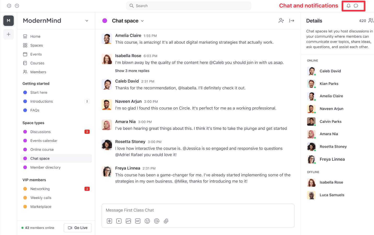 Circle engagement and chat features