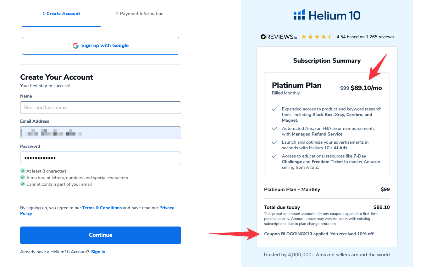 Helium10 payment page 1