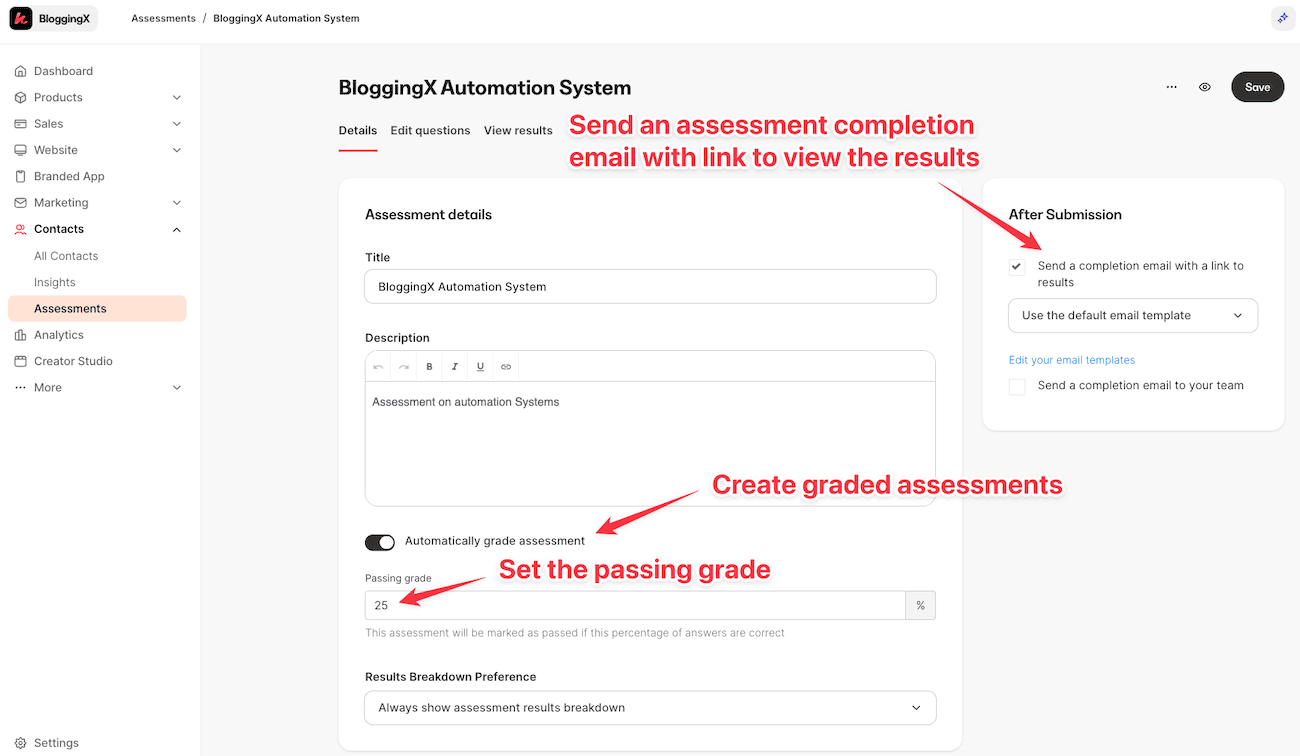 Kajabi assessment feature