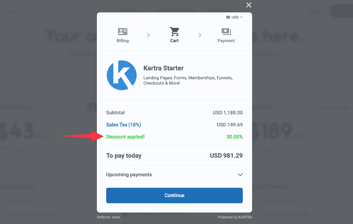 Kartra discount applied