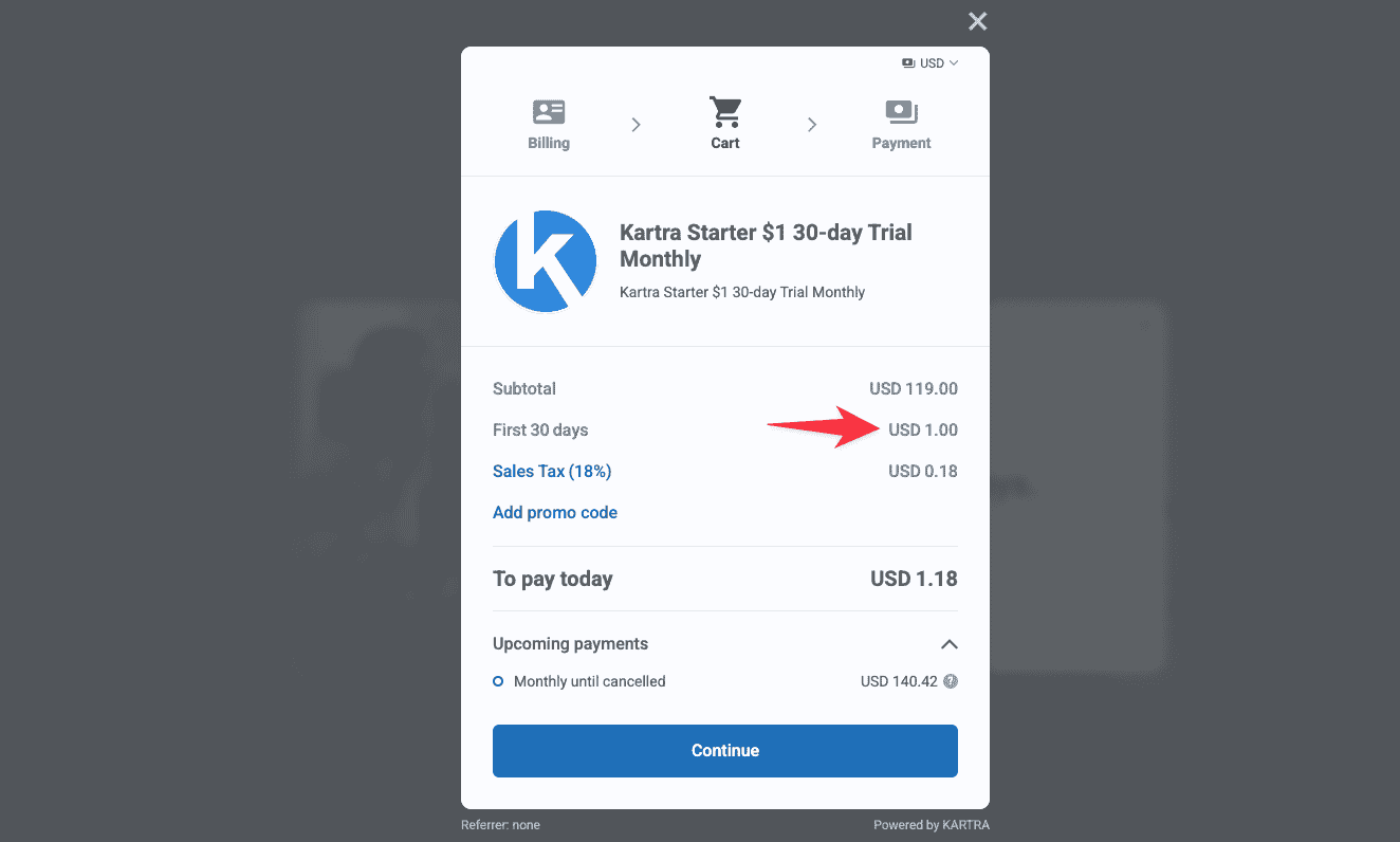 Kartra free trial checkout page