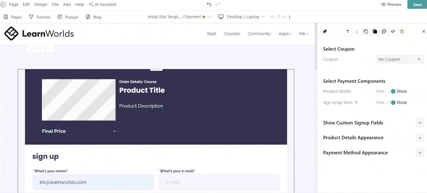 LearnWorlds checkout