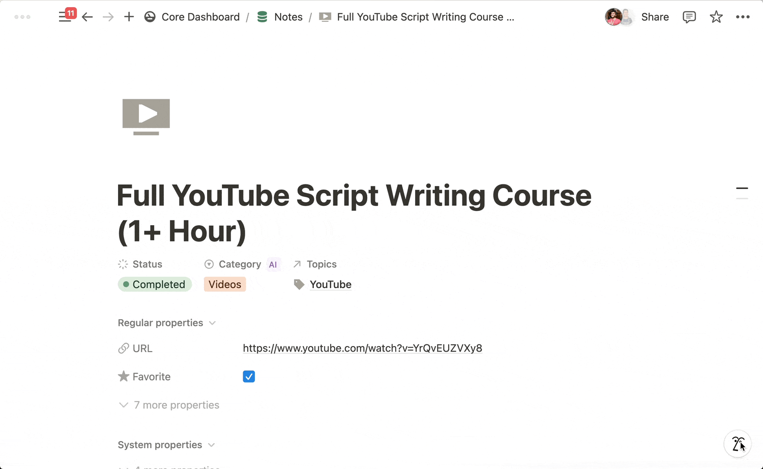 Notion AI generating youtube script optimization prompt