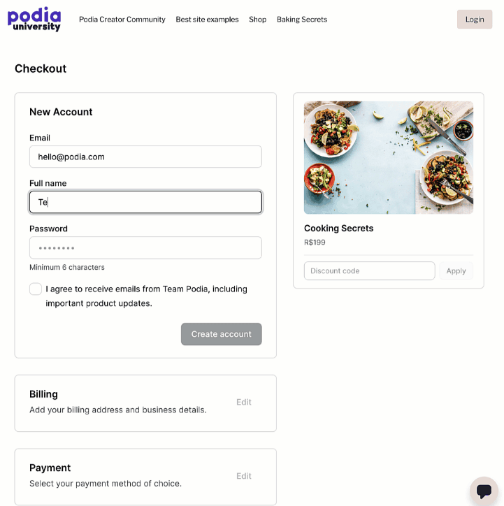 Podia checkout