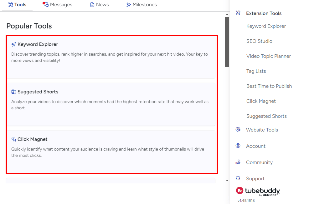 Popular tools offered by Tubebuddy