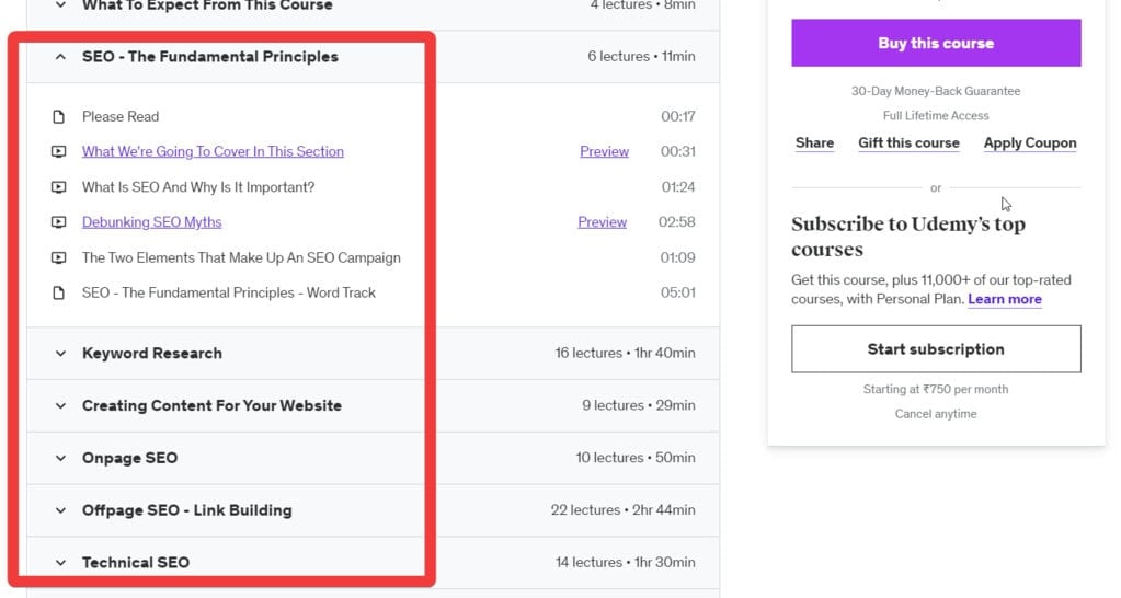SEO Course Outline on Udemy