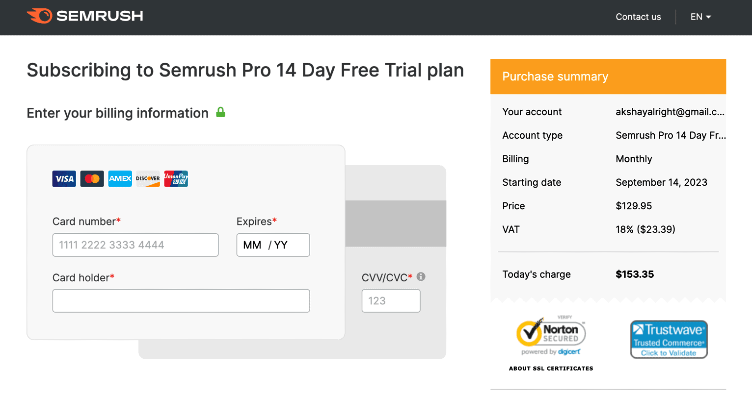 Semrush trial checkout