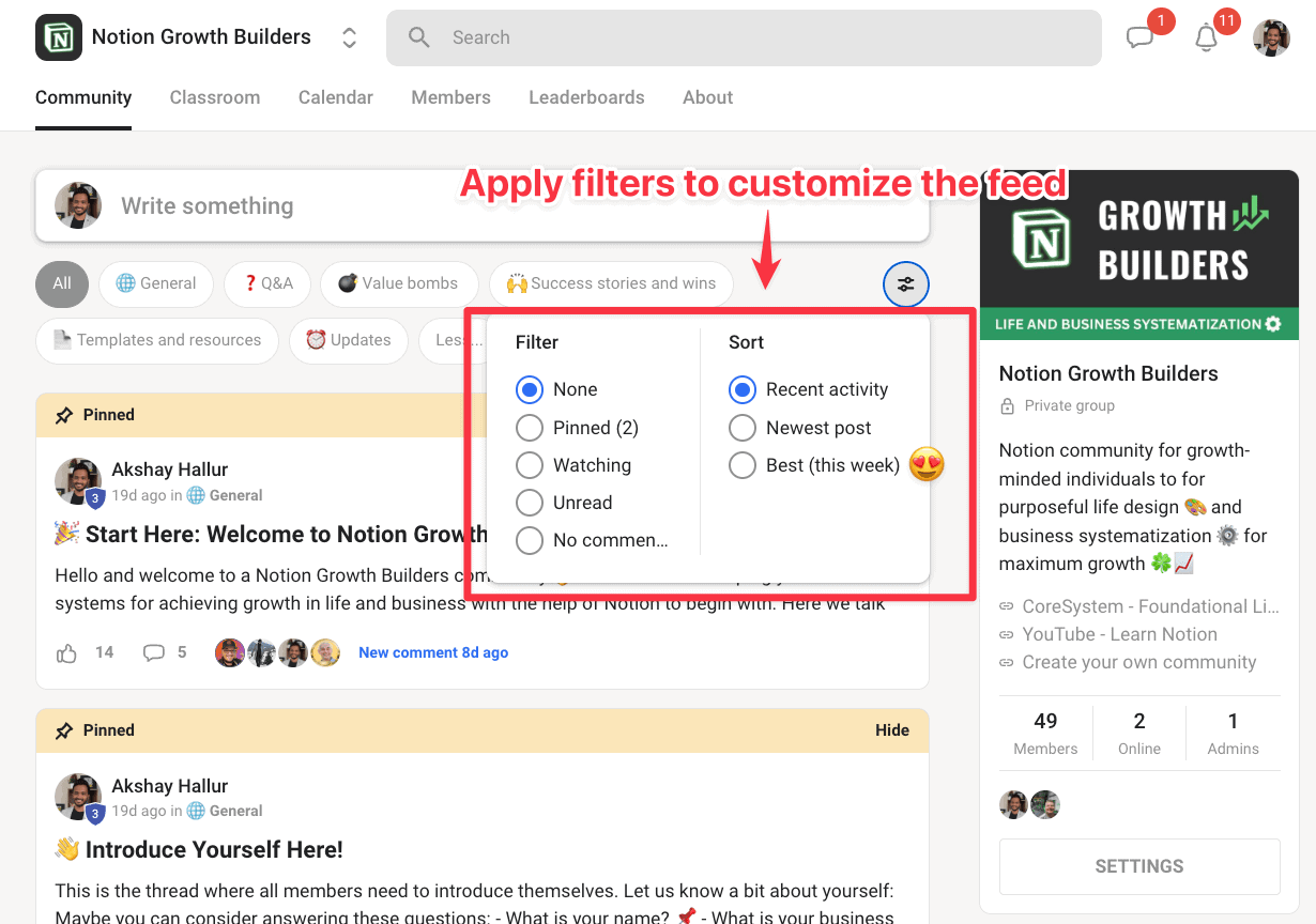 Skool filter and sort options