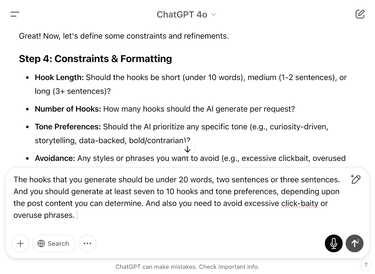 Specifications for generating hooks for LinkedIn posts