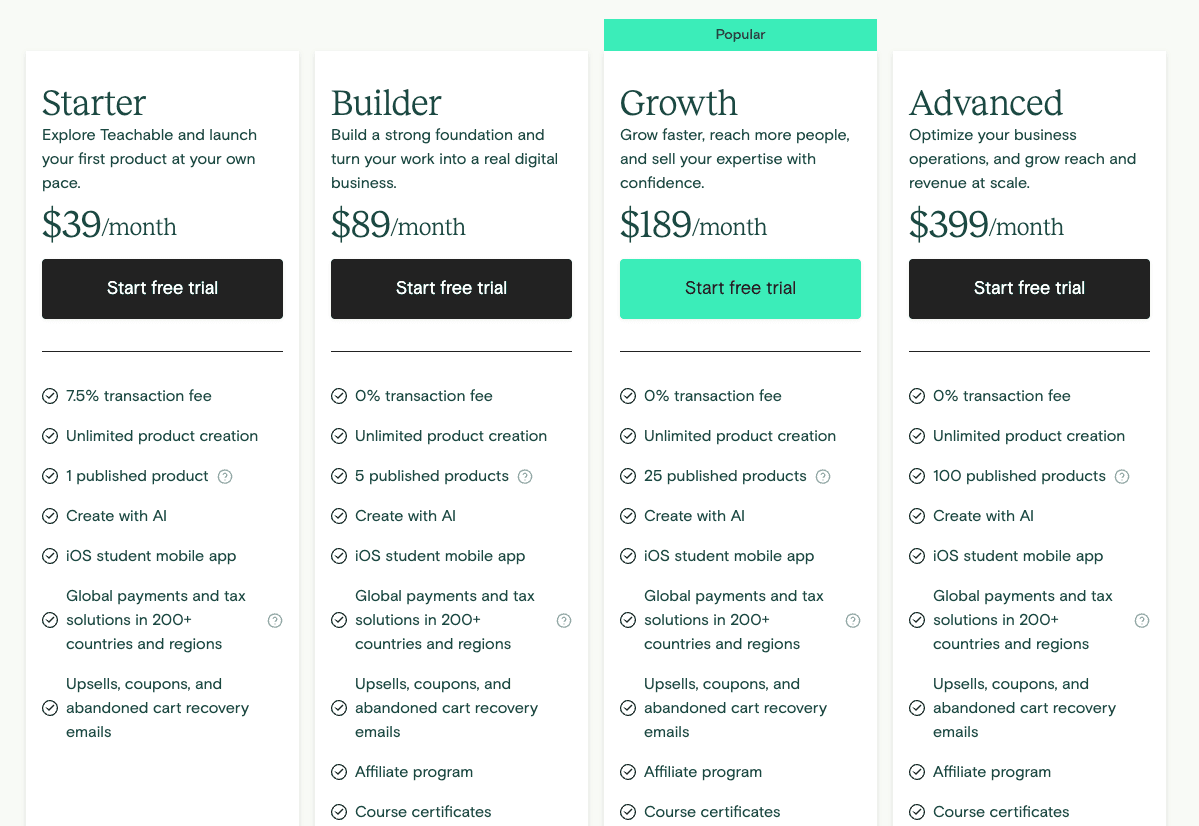 Teachable pricing 1