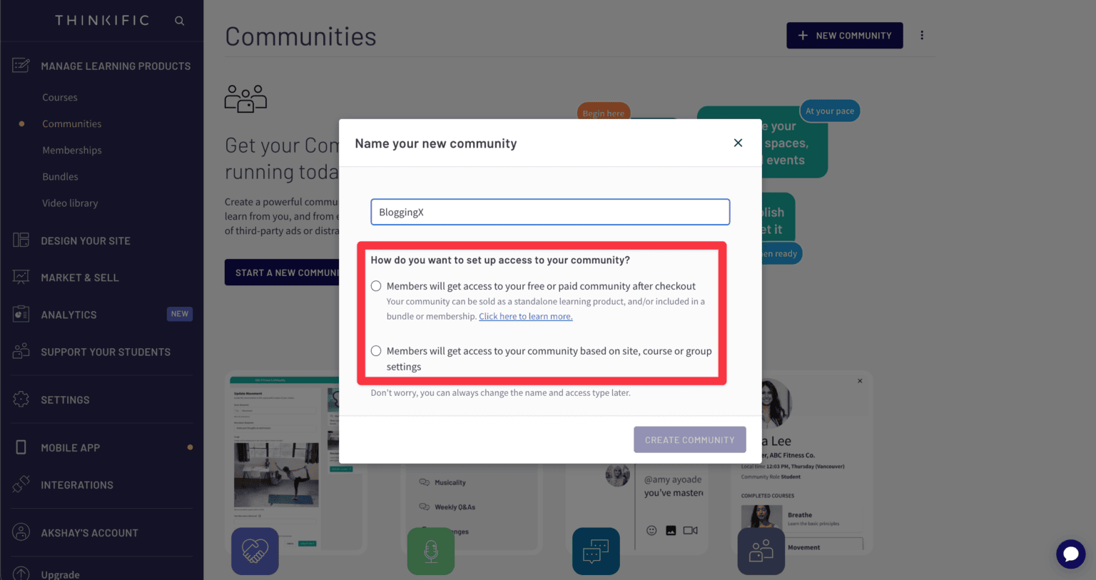 Thinkific create community