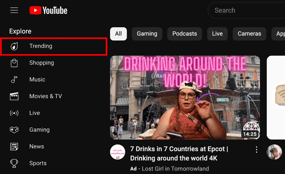 YouTube trending page