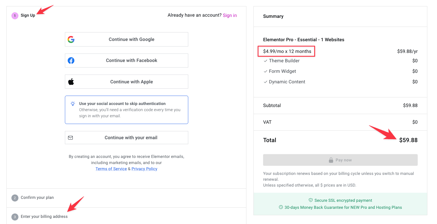 Elementor checkout page