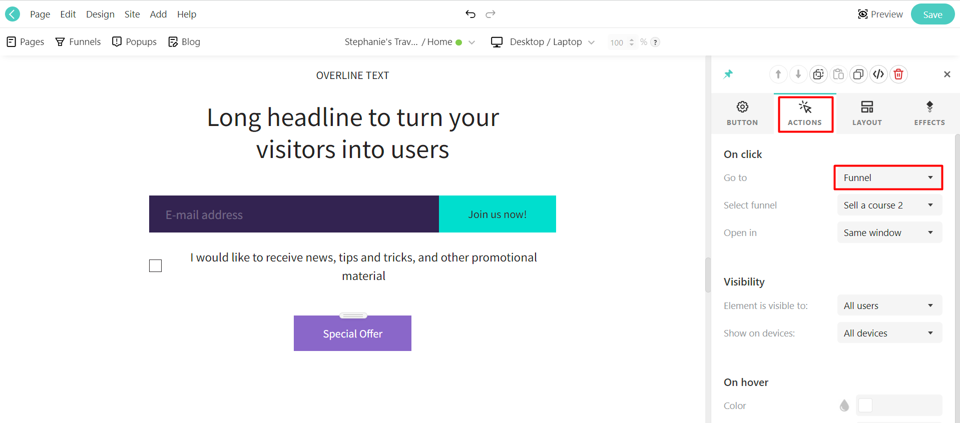 Funnels click actions