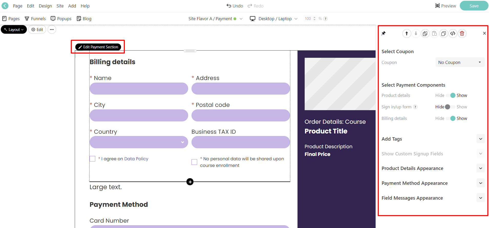Payment sections