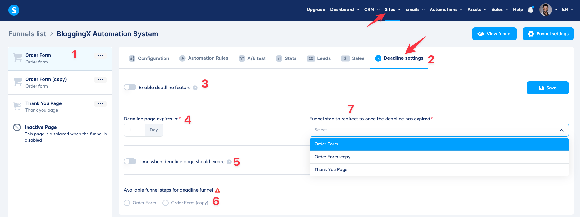 Systeme funnel dedline settings