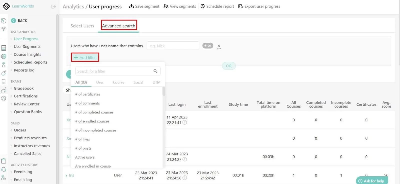 learnworlds student progress