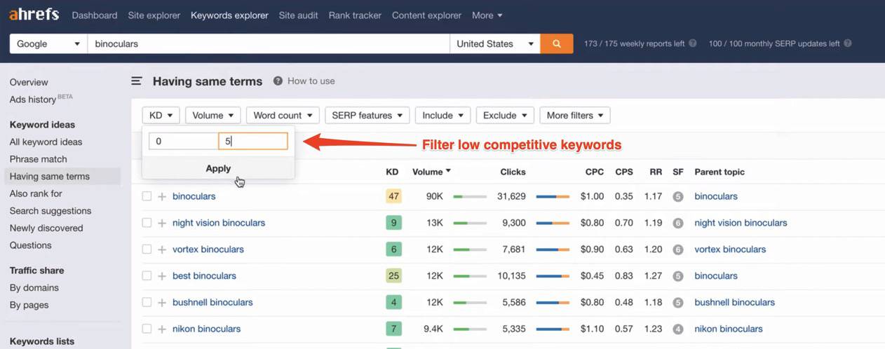Ahrefs filter low competitive keywords
