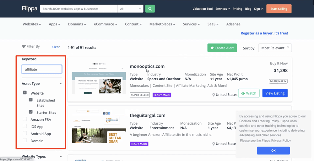 Flippa affiliate search