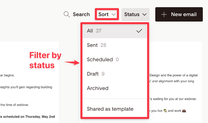 Flodesk sort and filter emails