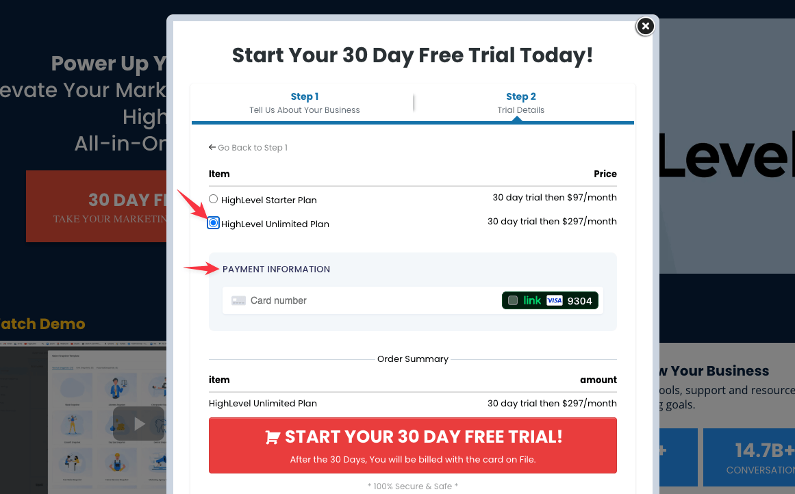 GHL select plan for free trial signup