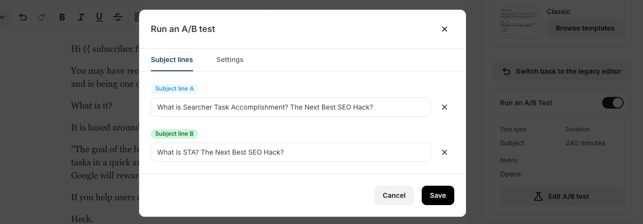 Kit email subkect lines AB testing