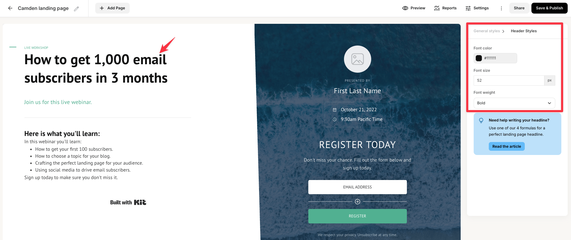 Kit landing page