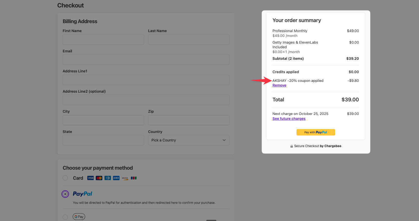 Pictory coupon checkout page