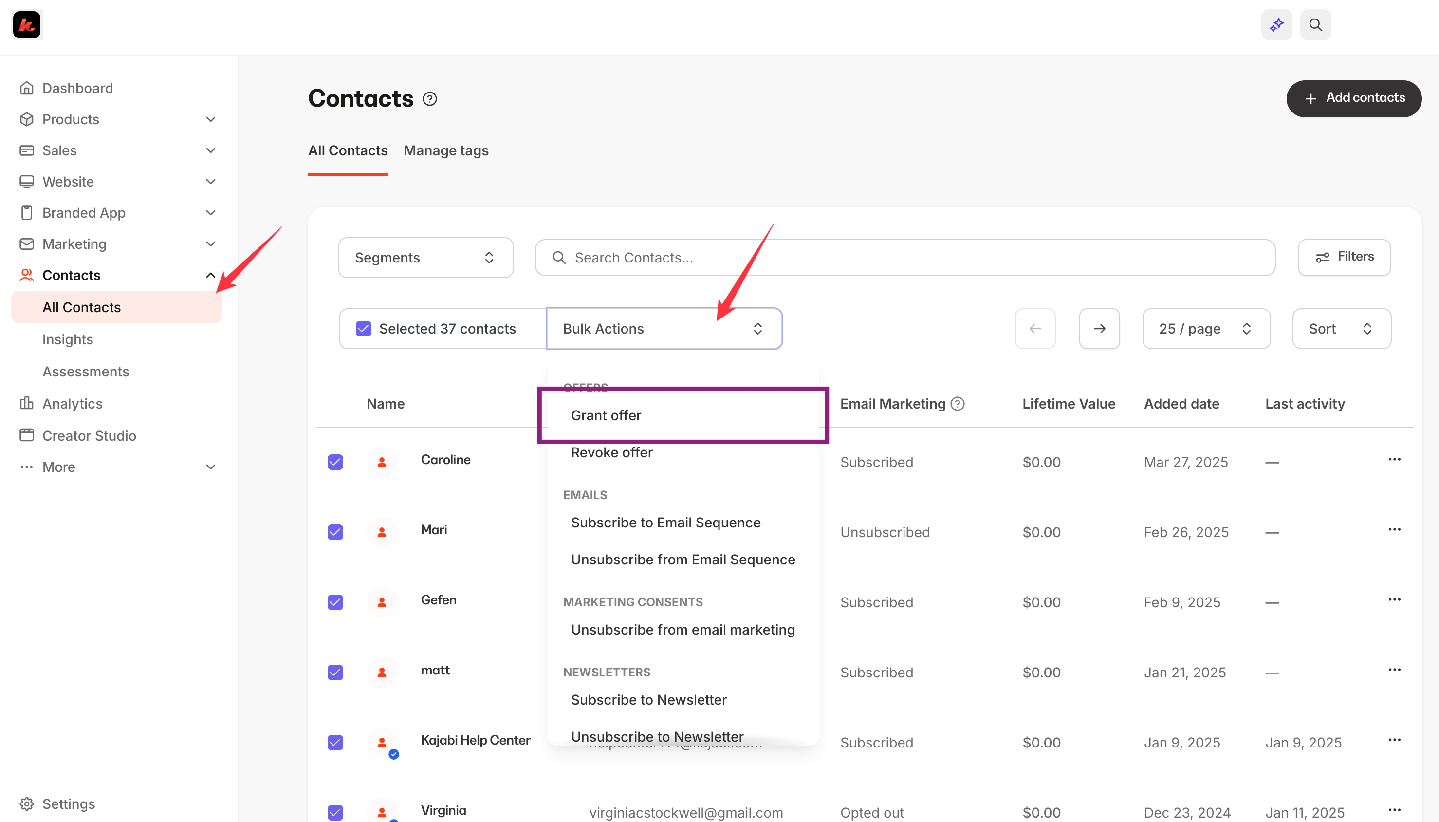 Take bulk actions inside Kajabi contacts CRM