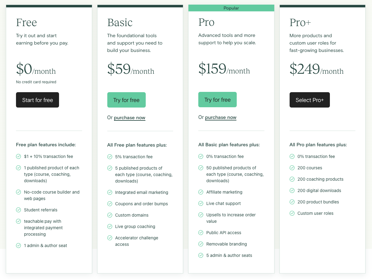 Teachable plans and pricing