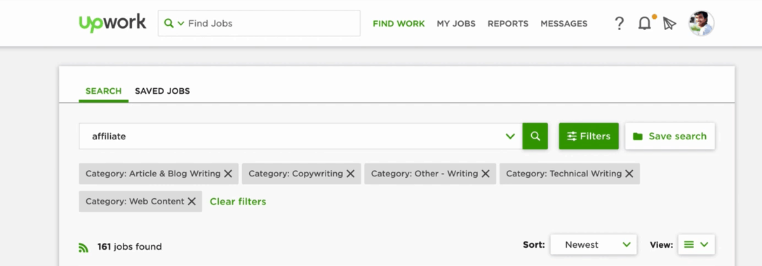Upwork affiliate search