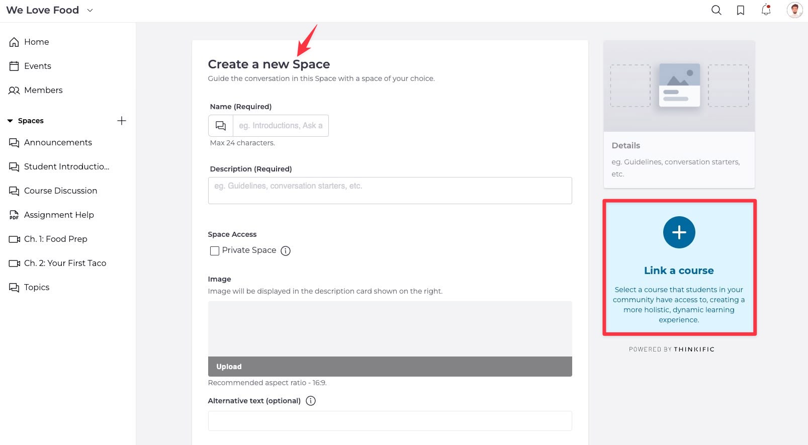 Community Spaces New space page Thinkific