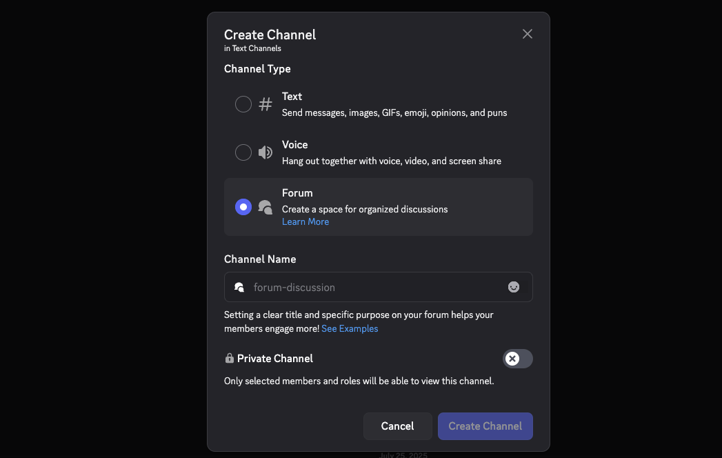Create channel in Discord