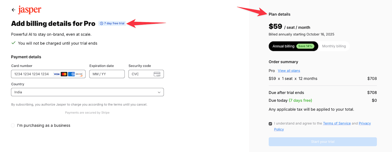 Jasper payment checkout page