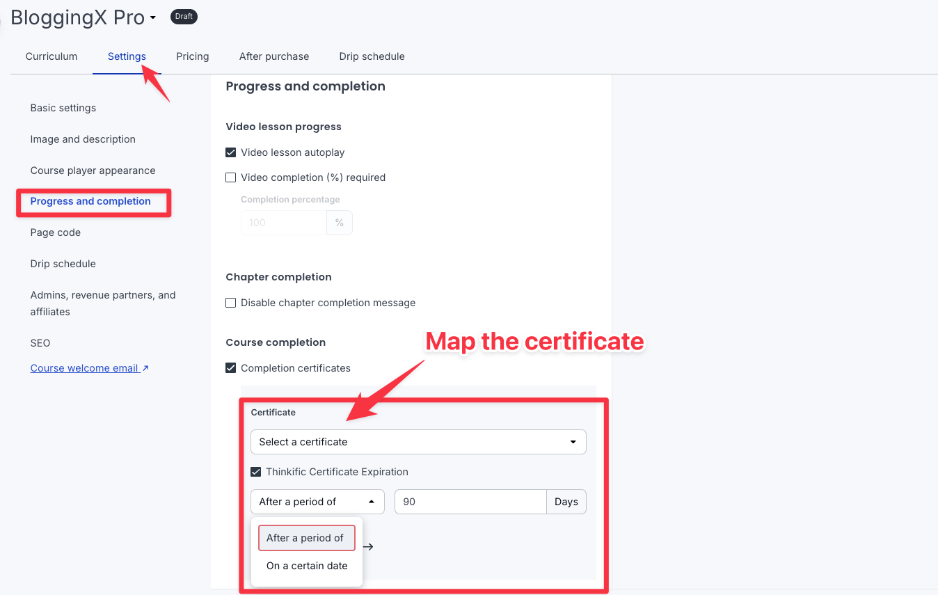 Thinkific certificate mapping