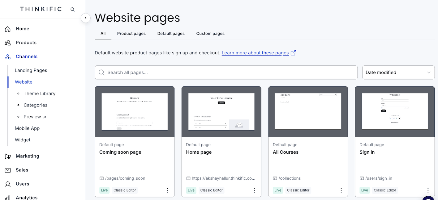 Thinkific website pages