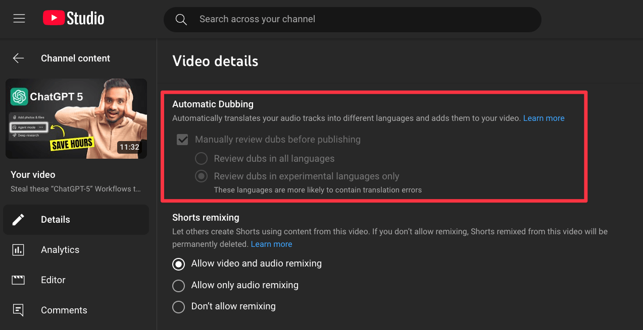 YouTubes auto dubbing feature