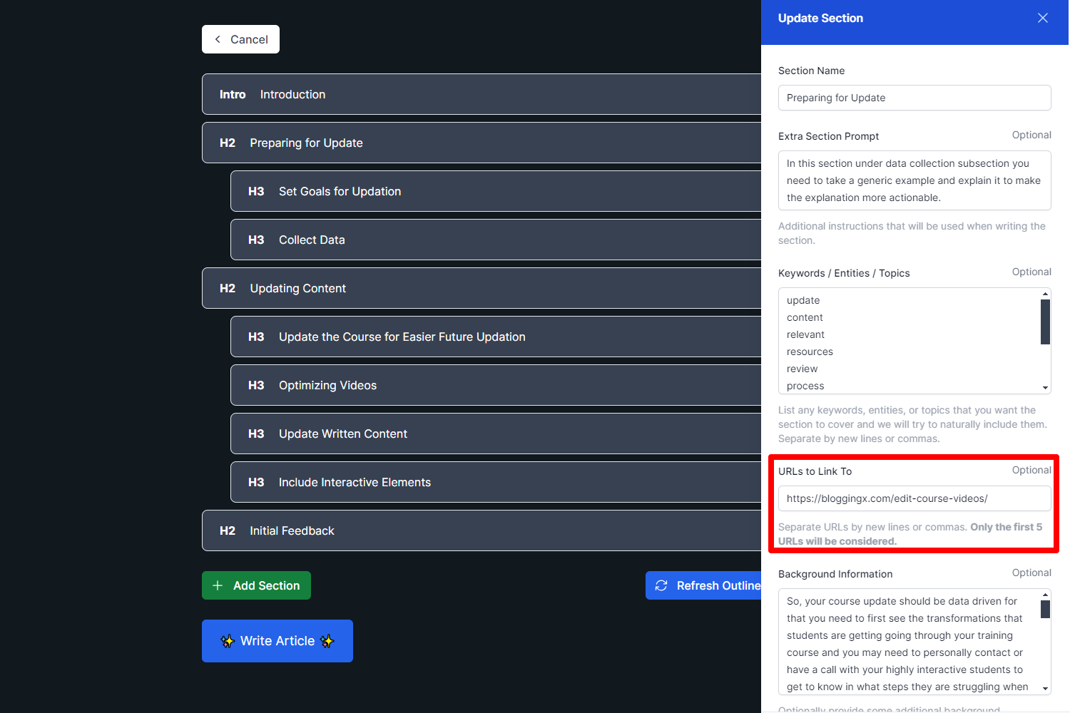 Adding outbound links in specific sections