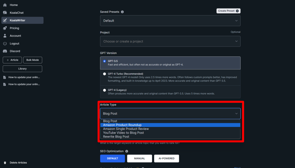 Amazon product roundup in KoalaWriter