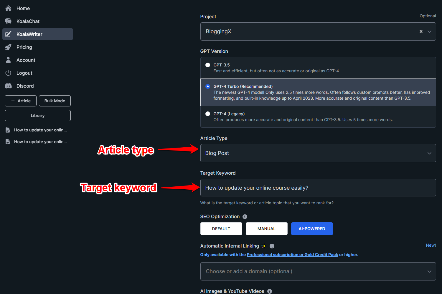 Article type and target keyword