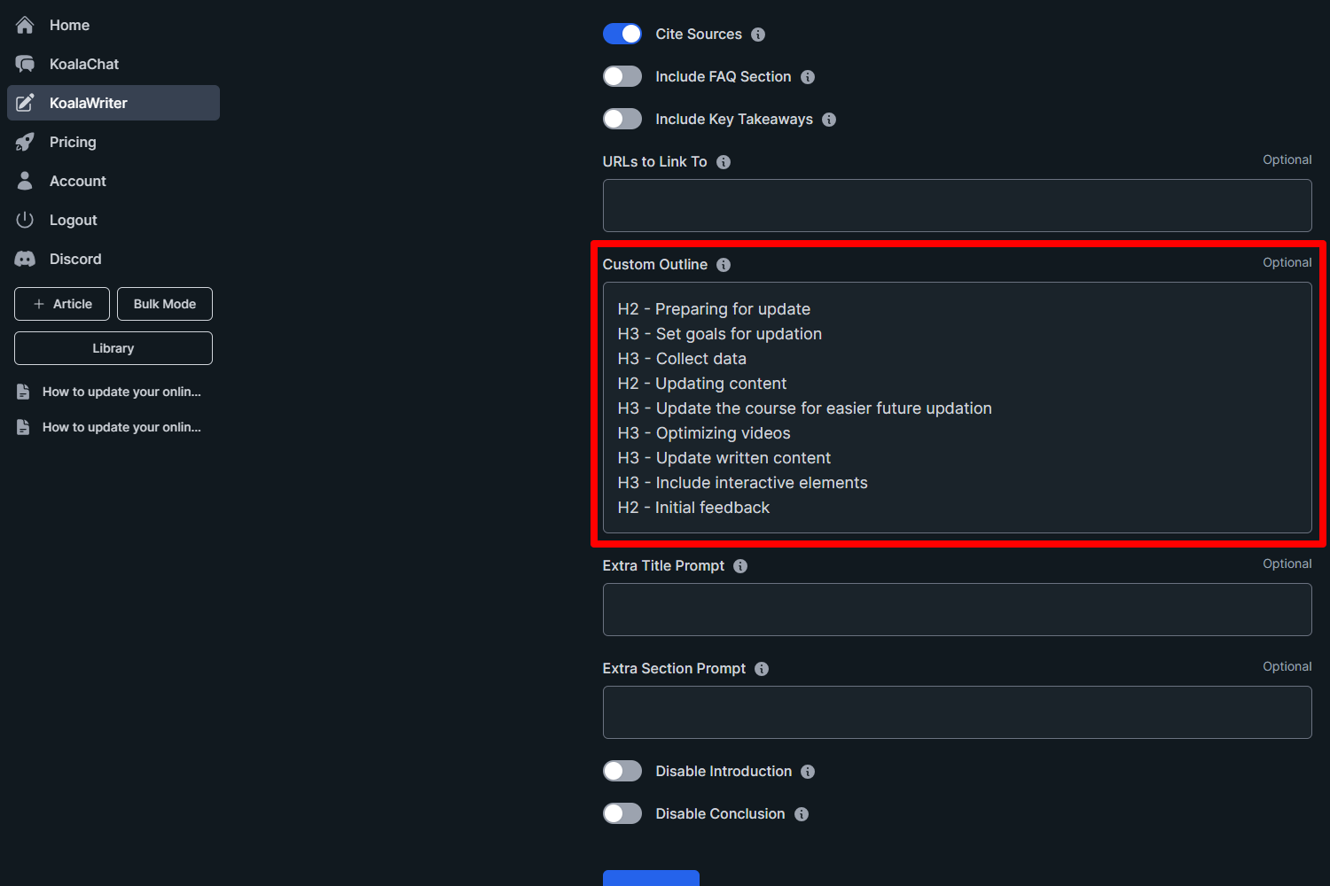 Custom outline in KoalaWriter