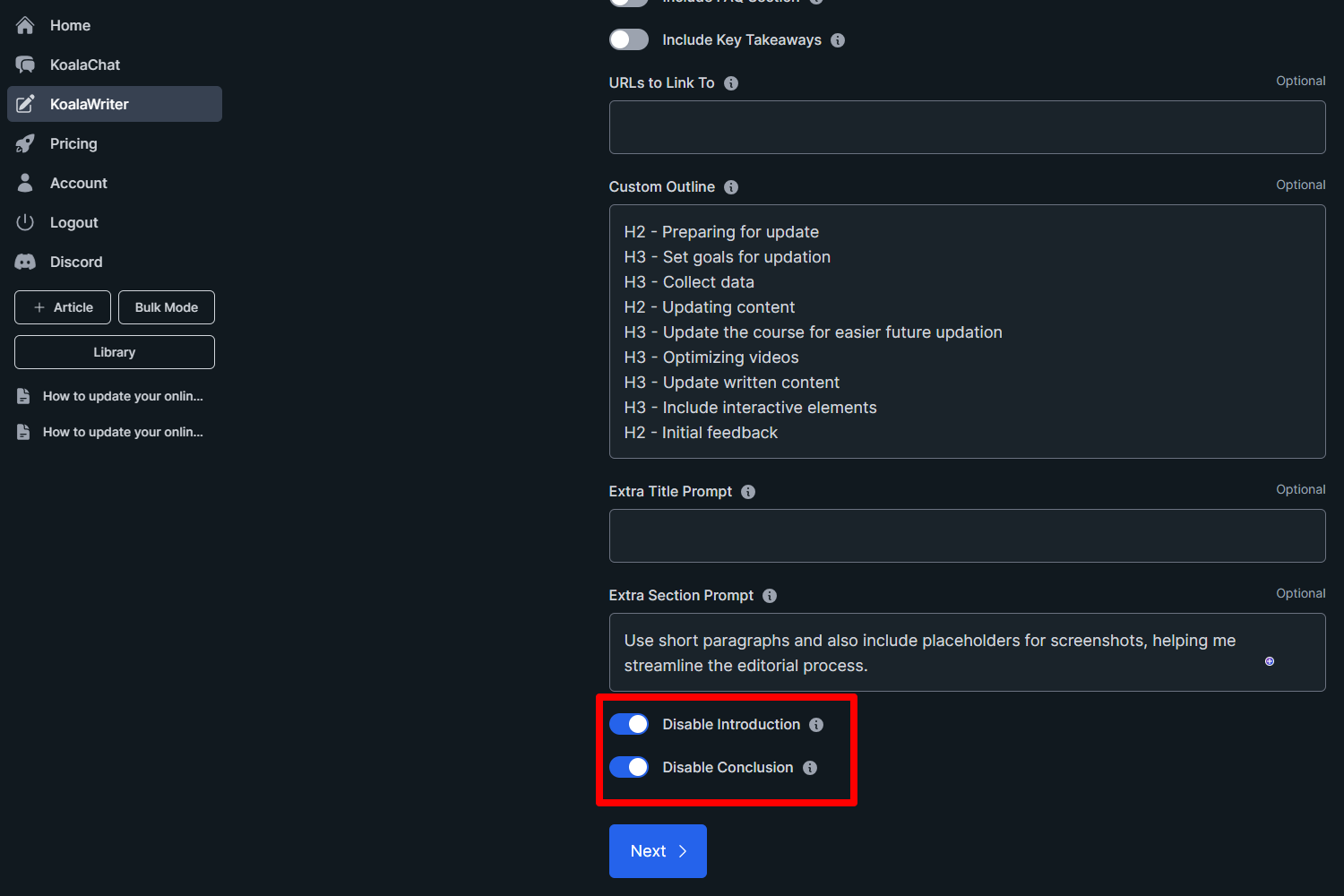 Disabling introduction and conclusion